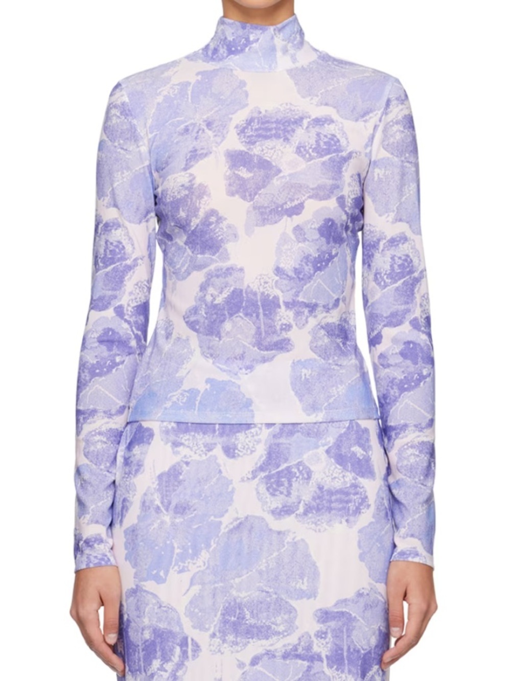 Staud Helvin Antique Pressed Flowers Turtleneck Mesh Long Sleeve Top